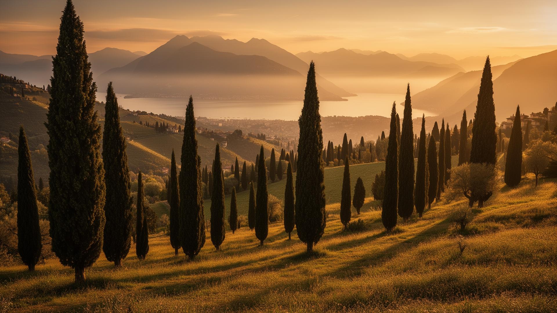 Cipressi sulle colline al tramonto